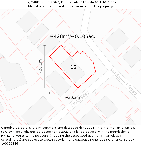15, GARDENERS ROAD, DEBENHAM, STOWMARKET, IP14 6QY: Plot and title map