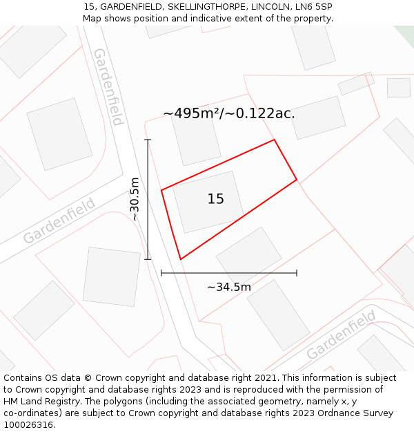 15, GARDENFIELD, SKELLINGTHORPE, LINCOLN, LN6 5SP: Plot and title map