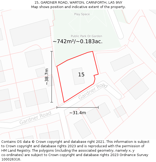 15, GARDNER ROAD, WARTON, CARNFORTH, LA5 9NY: Plot and title map