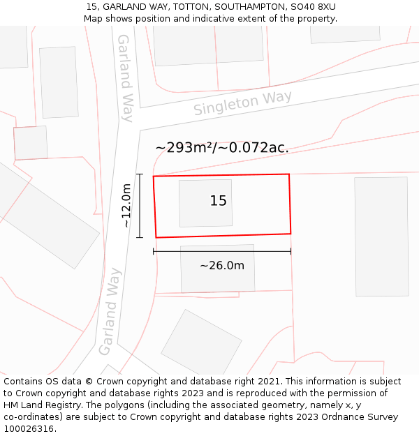 15, GARLAND WAY, TOTTON, SOUTHAMPTON, SO40 8XU: Plot and title map