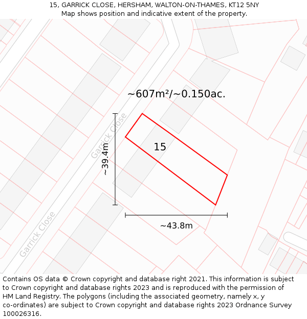 15, GARRICK CLOSE, HERSHAM, WALTON-ON-THAMES, KT12 5NY: Plot and title map