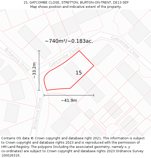15, GATCOMBE CLOSE, STRETTON, BURTON-ON-TRENT, DE13 0EP: Plot and title map