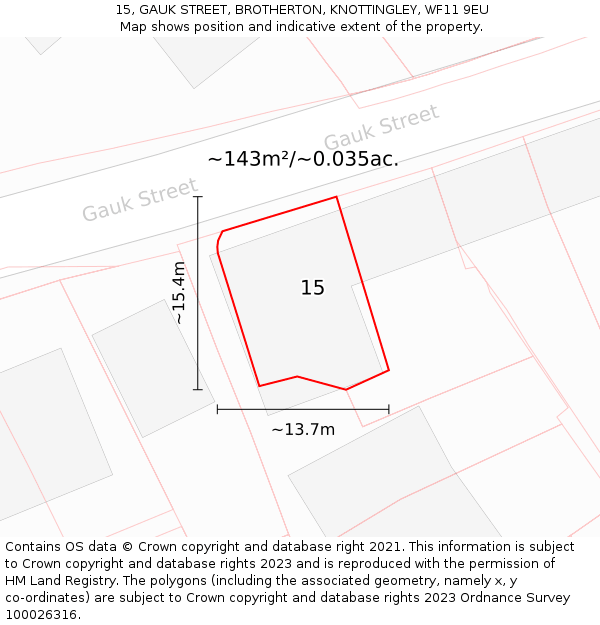 15, GAUK STREET, BROTHERTON, KNOTTINGLEY, WF11 9EU: Plot and title map