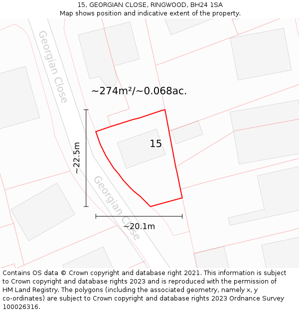 15, GEORGIAN CLOSE, RINGWOOD, BH24 1SA: Plot and title map