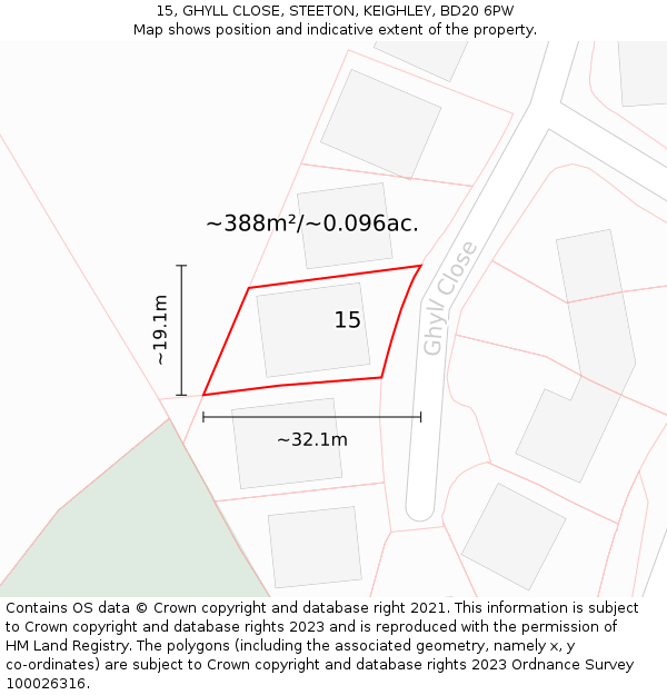 15, GHYLL CLOSE, STEETON, KEIGHLEY, BD20 6PW: Plot and title map