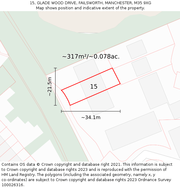 15, GLADE WOOD DRIVE, FAILSWORTH, MANCHESTER, M35 9XG: Plot and title map