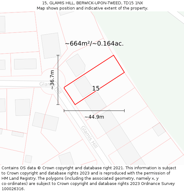 15, GLAMIS HILL, BERWICK-UPON-TWEED, TD15 1NX: Plot and title map