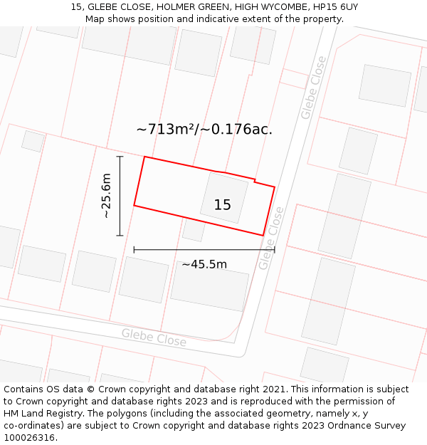 15, GLEBE CLOSE, HOLMER GREEN, HIGH WYCOMBE, HP15 6UY: Plot and title map