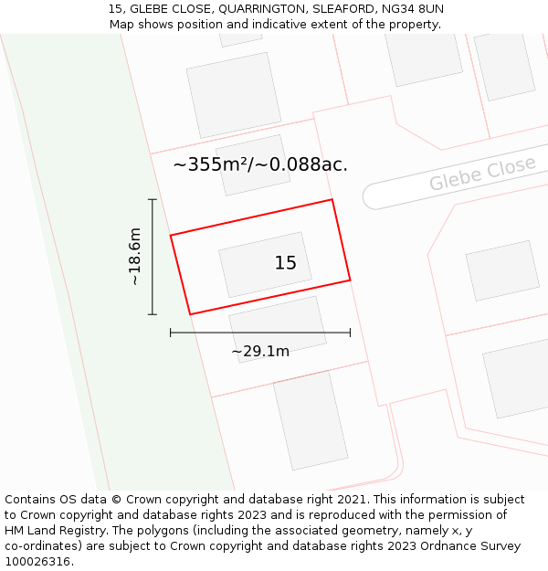 15, GLEBE CLOSE, QUARRINGTON, SLEAFORD, NG34 8UN: Plot and title map