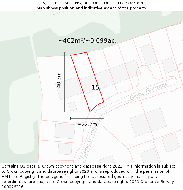 15, GLEBE GARDENS, BEEFORD, DRIFFIELD, YO25 8BF: Plot and title map