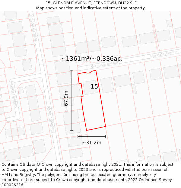 15, GLENDALE AVENUE, FERNDOWN, BH22 9LF: Plot and title map