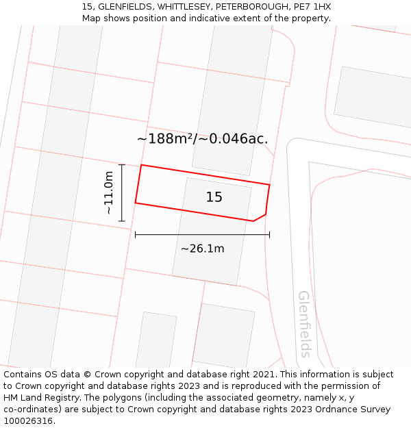 15, GLENFIELDS, WHITTLESEY, PETERBOROUGH, PE7 1HX: Plot and title map