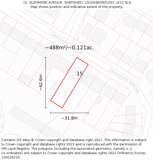 15, GLENMORE AVENUE, SHEPSHED, LOUGHBOROUGH, LE12 9LQ: Plot and title map
