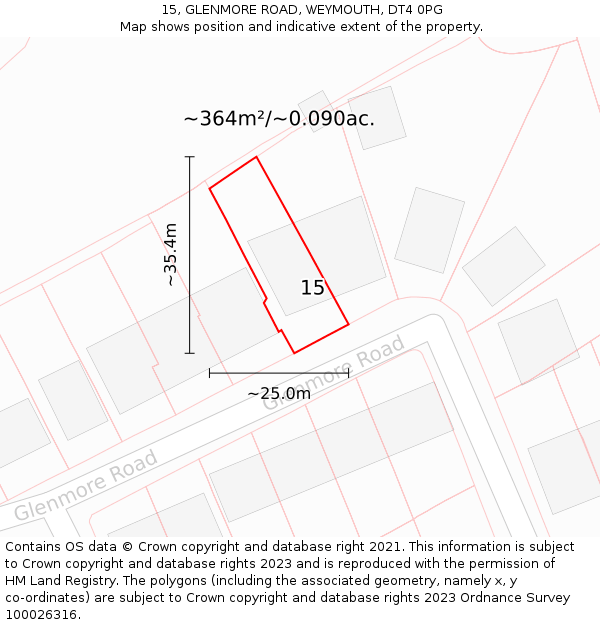 15, GLENMORE ROAD, WEYMOUTH, DT4 0PG: Plot and title map