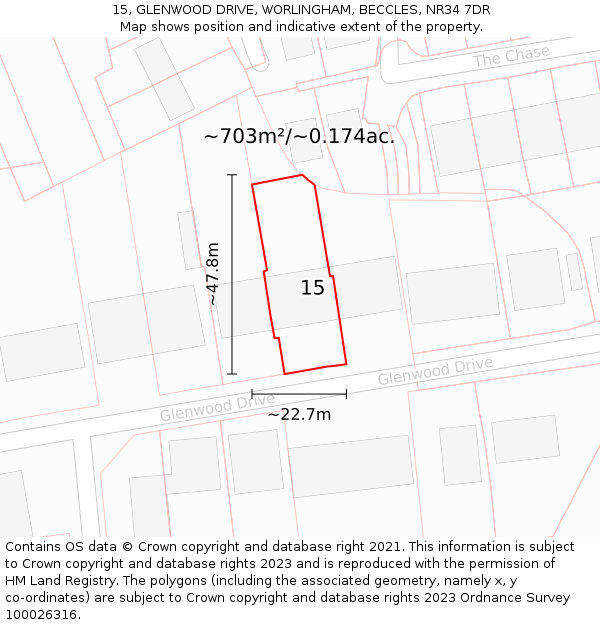 15, GLENWOOD DRIVE, WORLINGHAM, BECCLES, NR34 7DR: Plot and title map
