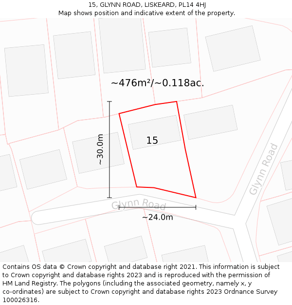 15, GLYNN ROAD, LISKEARD, PL14 4HJ: Plot and title map