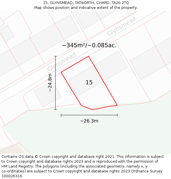 15, GLYNSMEAD, TATWORTH, CHARD, TA20 2TQ: Plot and title map