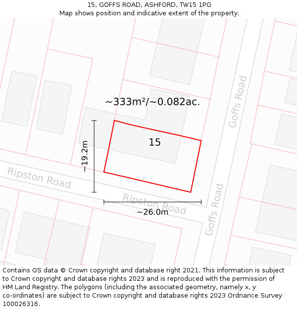 15, GOFFS ROAD, ASHFORD, TW15 1PG: Plot and title map