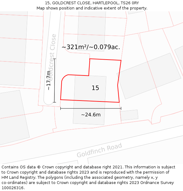 15, GOLDCREST CLOSE, HARTLEPOOL, TS26 0RY: Plot and title map