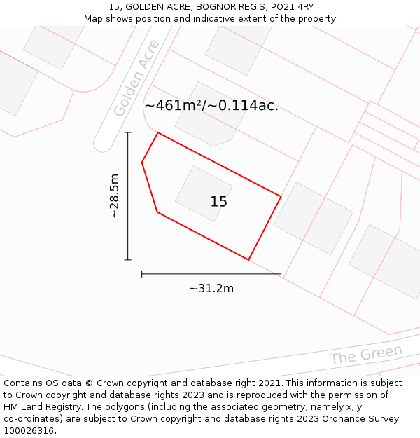 15, GOLDEN ACRE, BOGNOR REGIS, PO21 4RY: Plot and title map