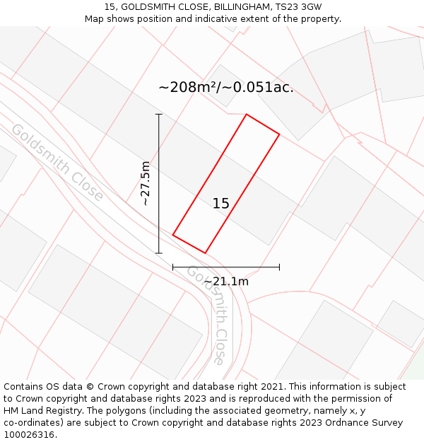 15, GOLDSMITH CLOSE, BILLINGHAM, TS23 3GW: Plot and title map