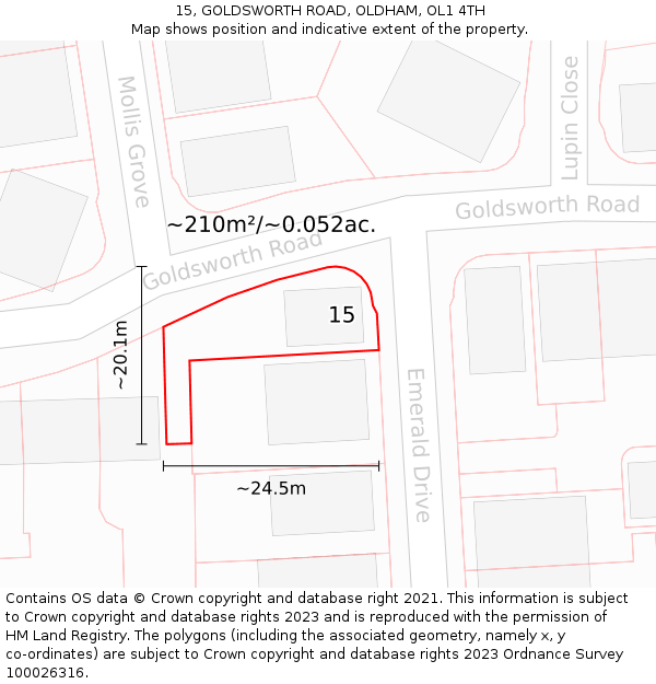 15, GOLDSWORTH ROAD, OLDHAM, OL1 4TH: Plot and title map