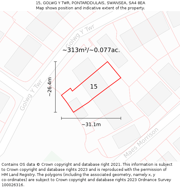 15, GOLWG Y TWR, PONTARDDULAIS, SWANSEA, SA4 8EA: Plot and title map