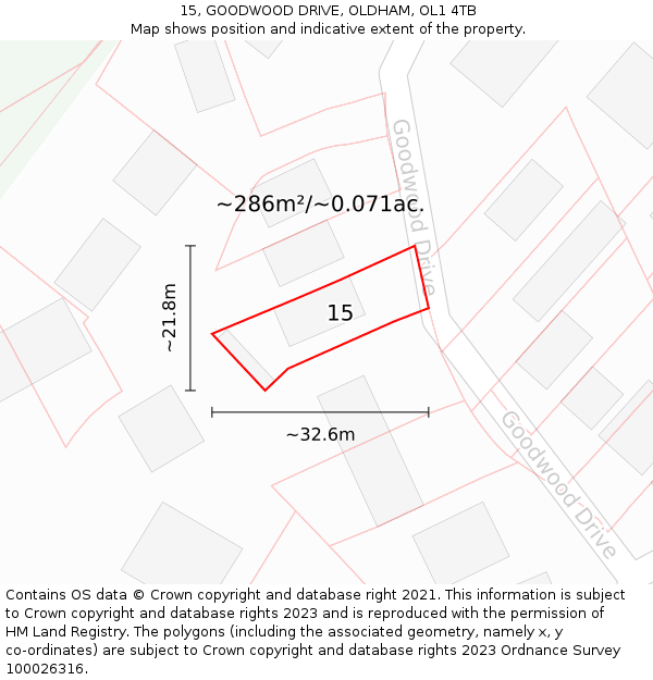 15, GOODWOOD DRIVE, OLDHAM, OL1 4TB: Plot and title map