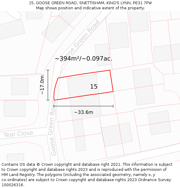 15, GOOSE GREEN ROAD, SNETTISHAM, KING'S LYNN, PE31 7PW: Plot and title map