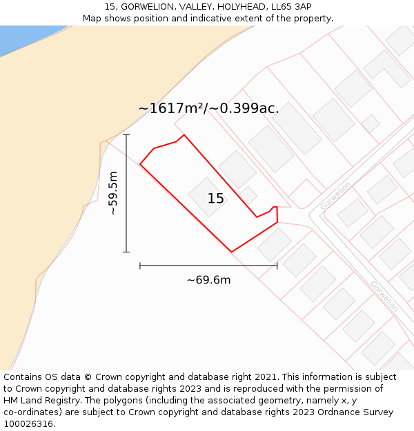 15, GORWELION, VALLEY, HOLYHEAD, LL65 3AP: Plot and title map