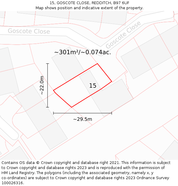 15, GOSCOTE CLOSE, REDDITCH, B97 6UF: Plot and title map