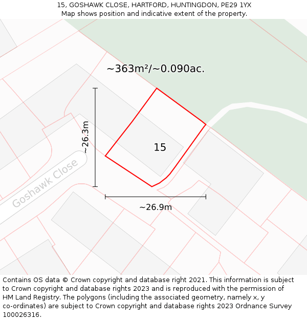 15, GOSHAWK CLOSE, HARTFORD, HUNTINGDON, PE29 1YX: Plot and title map