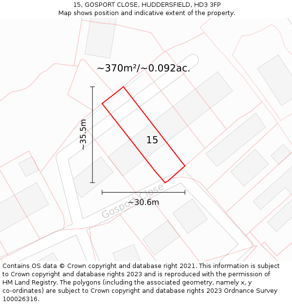 15, GOSPORT CLOSE, HUDDERSFIELD, HD3 3FP: Plot and title map