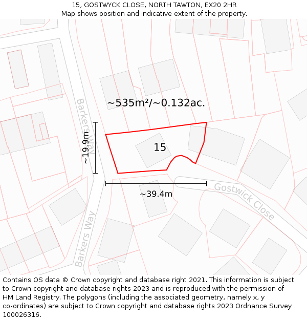 15, GOSTWYCK CLOSE, NORTH TAWTON, EX20 2HR: Plot and title map