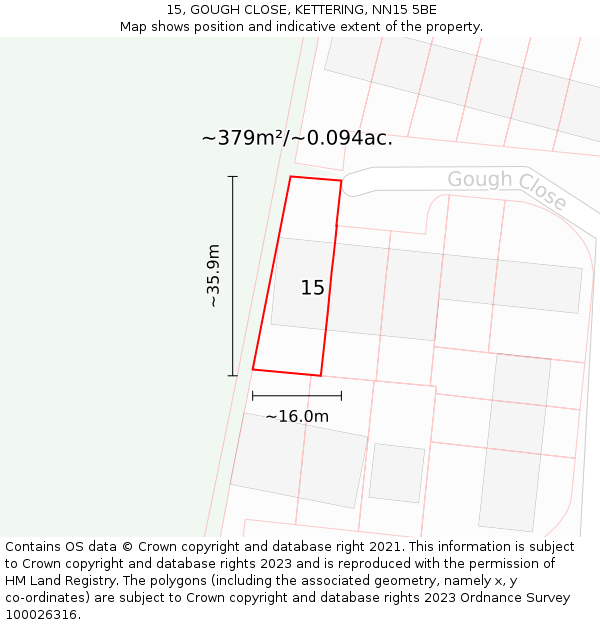 15, GOUGH CLOSE, KETTERING, NN15 5BE: Plot and title map