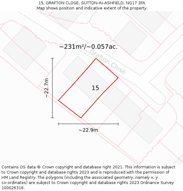 15, GRAFTON CLOSE, SUTTON-IN-ASHFIELD, NG17 3FA: Plot and title map