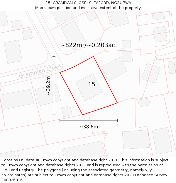 15, GRAMPIAN CLOSE, SLEAFORD, NG34 7WA: Plot and title map