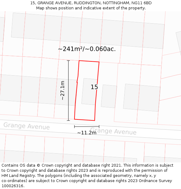 15, GRANGE AVENUE, RUDDINGTON, NOTTINGHAM, NG11 6BD: Plot and title map