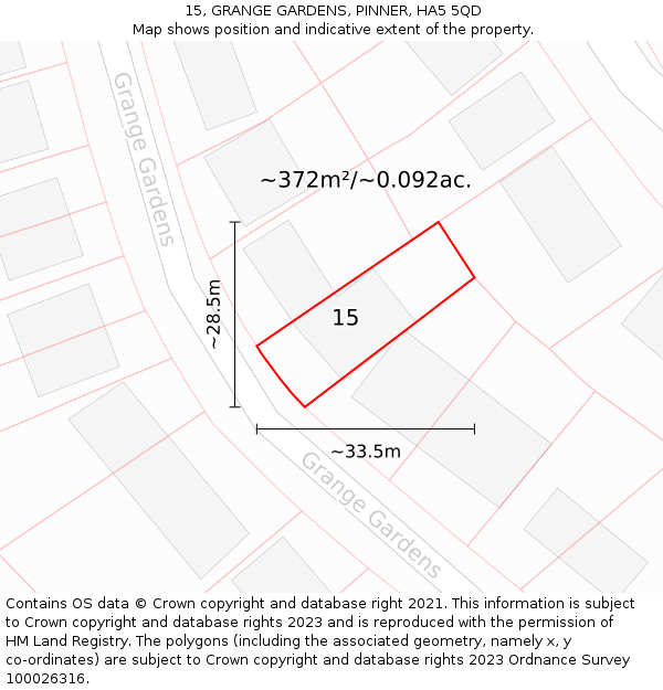 15, GRANGE GARDENS, PINNER, HA5 5QD: Plot and title map