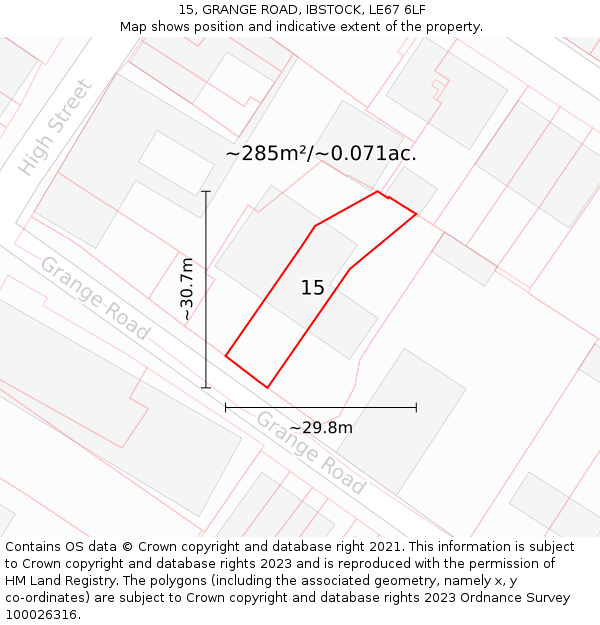 15, GRANGE ROAD, IBSTOCK, LE67 6LF: Plot and title map