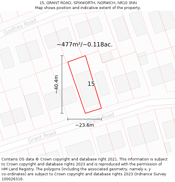 15, GRANT ROAD, SPIXWORTH, NORWICH, NR10 3NN: Plot and title map