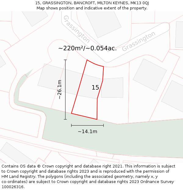 15, GRASSINGTON, BANCROFT, MILTON KEYNES, MK13 0QJ: Plot and title map