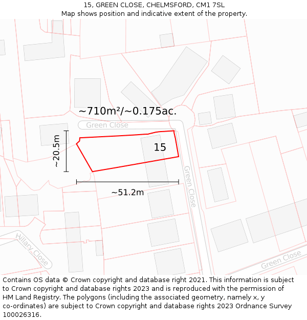 15, GREEN CLOSE, CHELMSFORD, CM1 7SL: Plot and title map