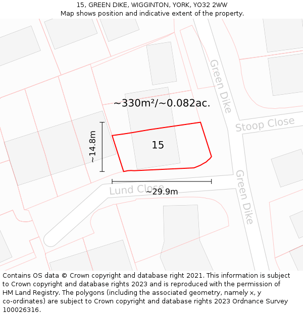 15, GREEN DIKE, WIGGINTON, YORK, YO32 2WW: Plot and title map