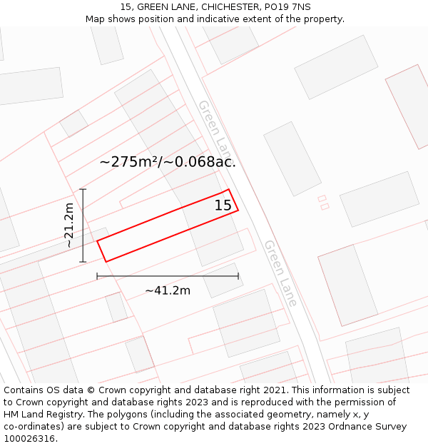 15, GREEN LANE, CHICHESTER, PO19 7NS: Plot and title map