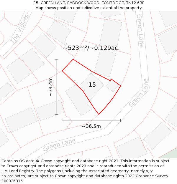 15, GREEN LANE, PADDOCK WOOD, TONBRIDGE, TN12 6BF: Plot and title map