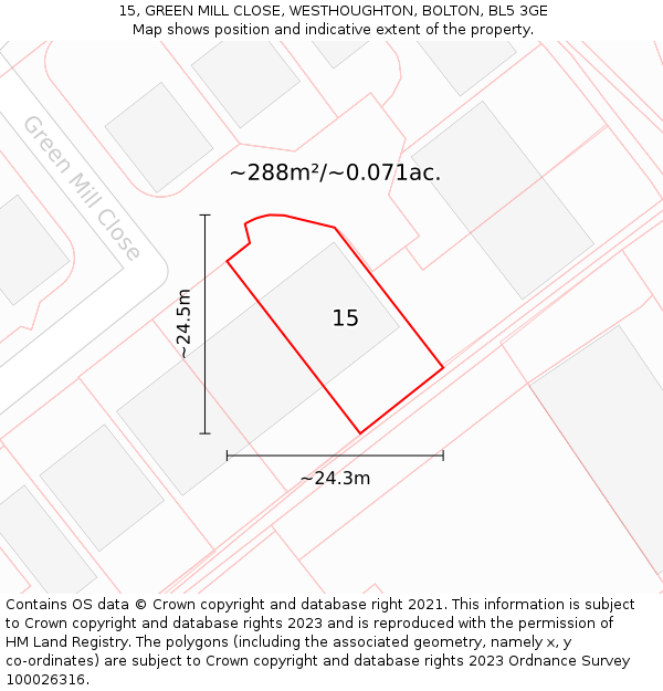 15, GREEN MILL CLOSE, WESTHOUGHTON, BOLTON, BL5 3GE: Plot and title map