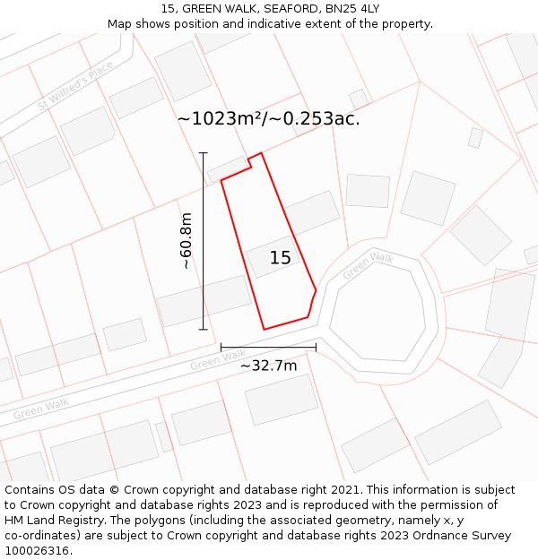 15, GREEN WALK, SEAFORD, BN25 4LY: Plot and title map