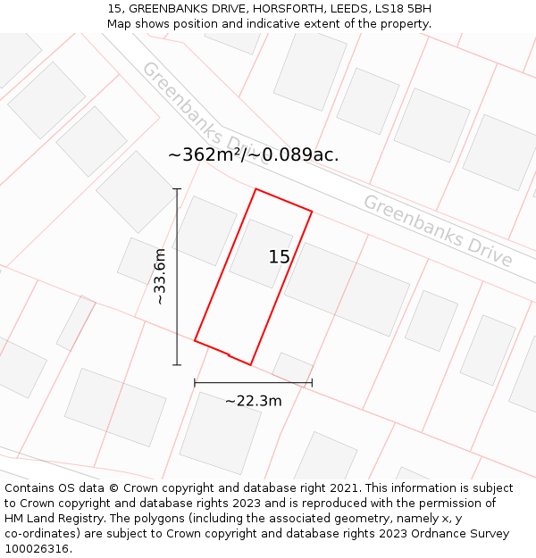 15, GREENBANKS DRIVE, HORSFORTH, LEEDS, LS18 5BH: Plot and title map