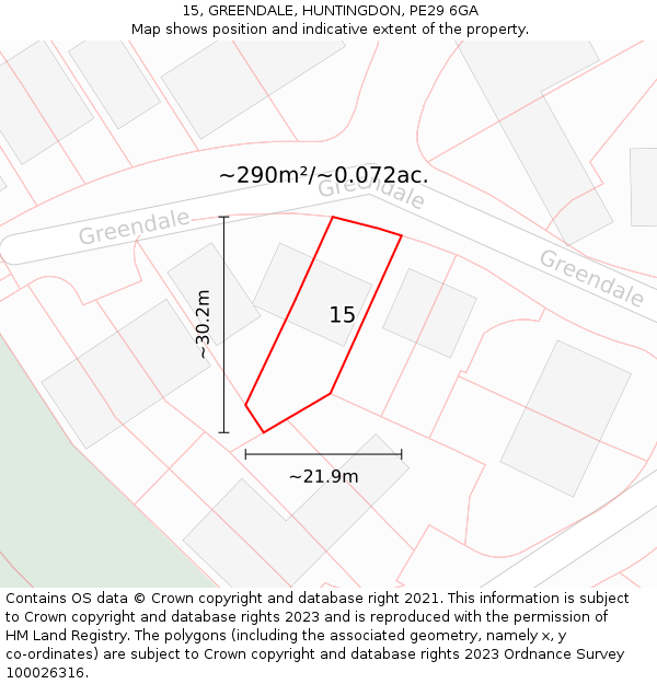 15, GREENDALE, HUNTINGDON, PE29 6GA: Plot and title map